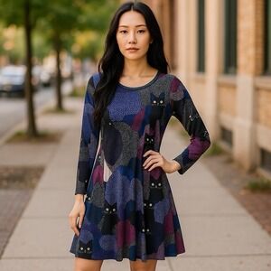 Simply Aster Dress Black Cat Artsy Art to Wear Skater Whimsigoth Stretchy Size S